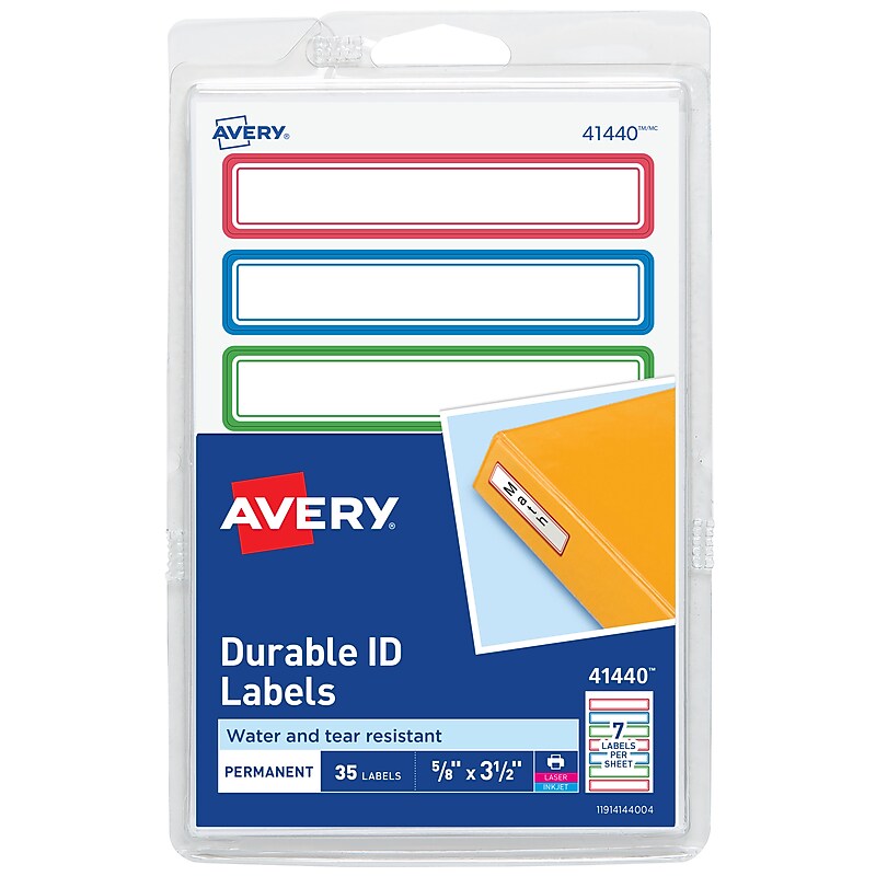 Avery Water-Resistant Laser/Inkjet ID Labels on 4" x 6" Sheets, 5/8" x 3-1/2", Assorted Border Colors, 35 Labels/Pack (41440) image 1