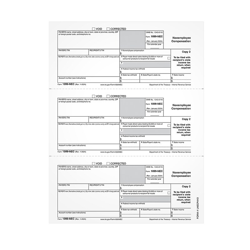 Adams 2024 1099-NEC Copy 1 or 2 Laser/Inkjet Tax Forms, 50 Sheets/Pack (LNECPAY2) image 1