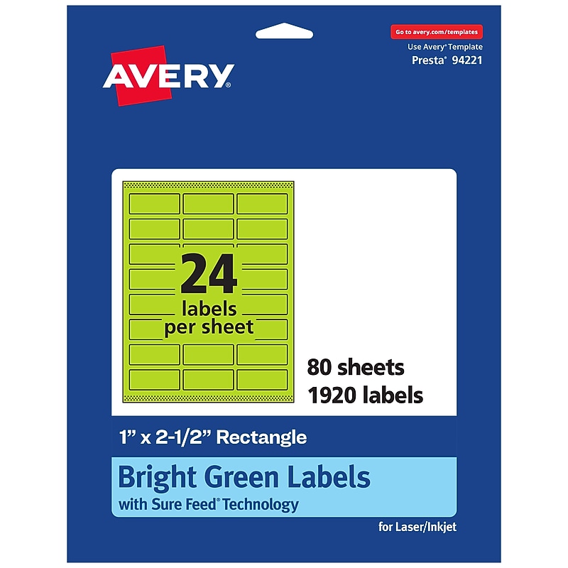 Avery Rectangle Multipurpose Labels, 1" x 2.5", Bright Green, 1920/Box (94221) image 1
