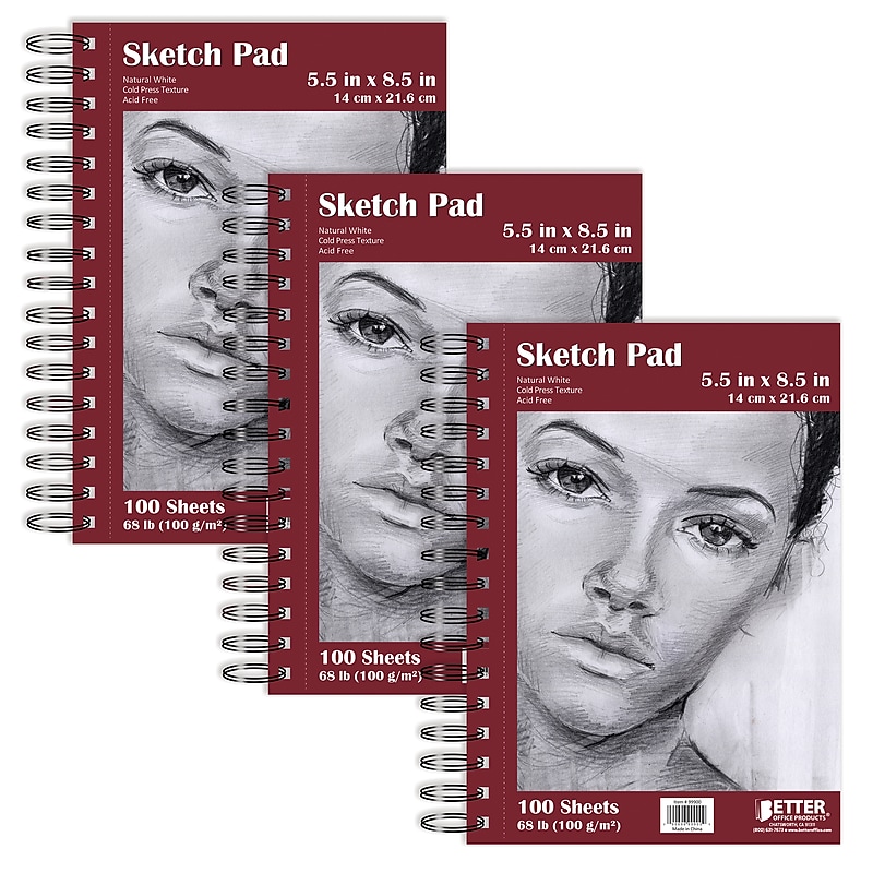 Better Office 5.5" x 8.5" Spiral Bound Drawing Sketch Pad, 100 Sheets/Pad, 3 Pads/Pack (01300) image 1
