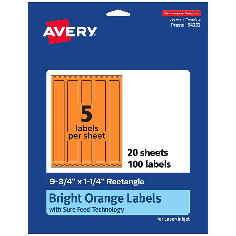 Avery Rectangle Multipurpose Labels, 9.75" x 1.25", Bright Orange, 100/Pack (94262) image 1