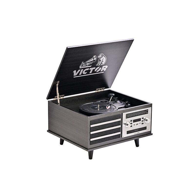 Victor Monroe Retro 8-in-1 Turntable Record Player and Entertainment Center with Bluetooth and Built in Speakers, Graphite image 1
