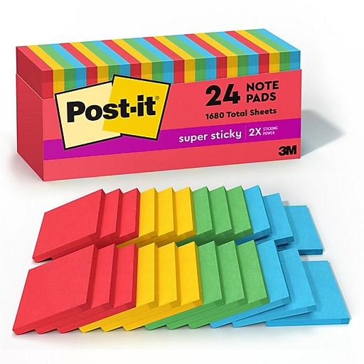 Postit Super Sticky Notes, 3" x 3", Playful Primaries Collection, 70