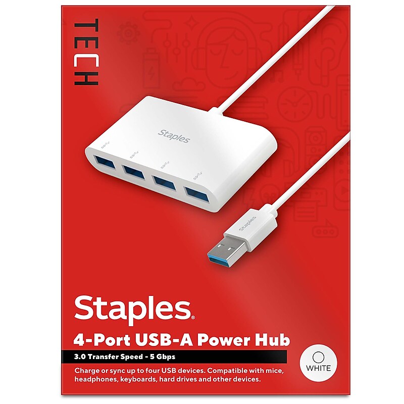Staples TECH 4-Port USB 3.0 Hub, White (ST62380) image 1