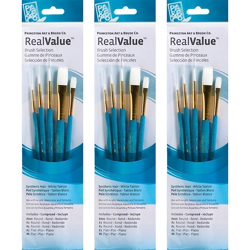 Princeton RealValue Mixed Media Synthetic Taklon Variety Brush Set, Assorted, Blue, 5/Set, 3 Sets/Bundle (PBXPR9174-3) image 1