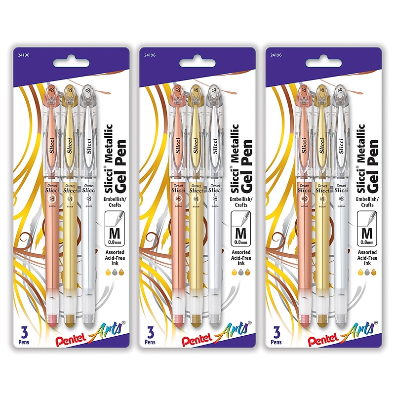 Pentel Arts Slicci Metallic Gel Pen, Assorted Ink, 3/Pack, 3/Packs/Bundle (PTABG208BP3M-3) image 1