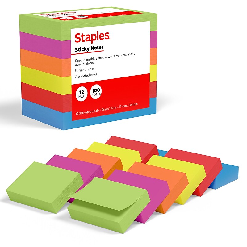Staples Sticky Notes, 1 3/8" x 1 7/8", Summer Breeze Collection, 100 Sheets/Pad, 12 Pads/Pack (ST62862) image 1