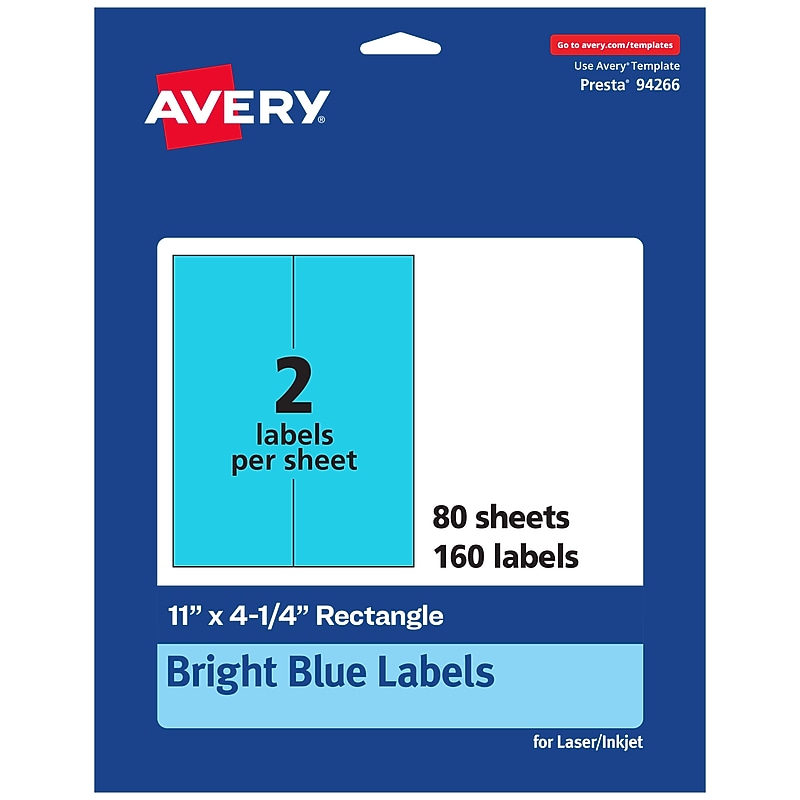 Avery Printable Rectangle Multipurpose Labels, 11" x 4.25", Bright Blue, 160/Box (94266) image 1