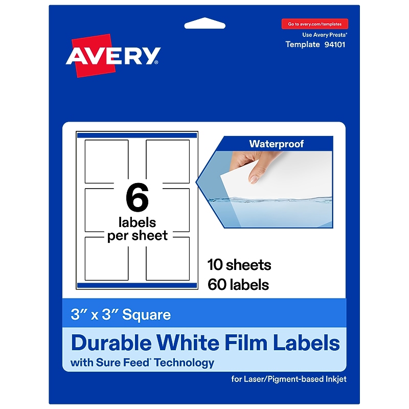 Avery Laser/Inkjet Square Labels, 3" x 3", White, 60 Labels/Pack (94101) image 1