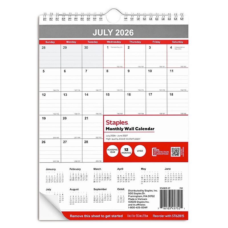 2026-2027 Staples 8" x 11" Academic Monthly Wall Calendar, White/Red/Gray (ST62815-27) image 1