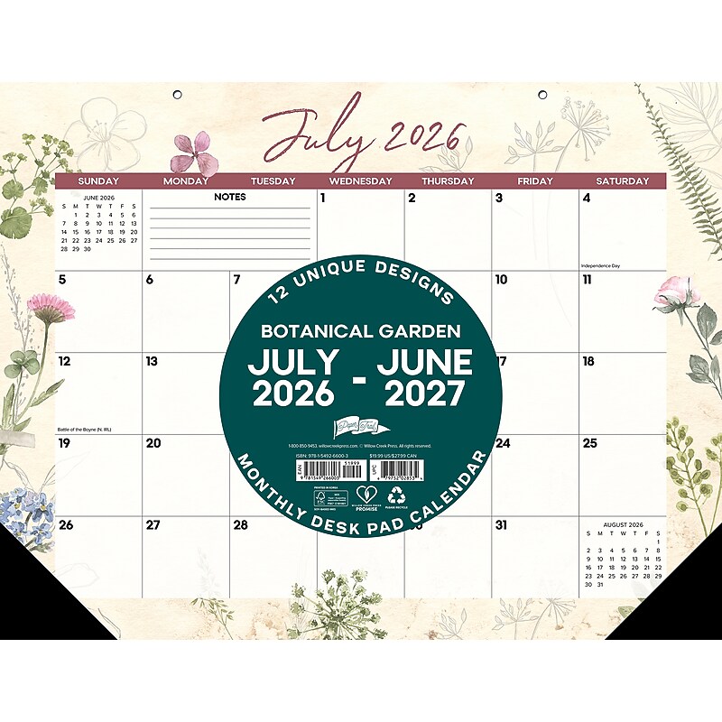 2026-2027 Willow Creek 22" x 17" Academic Monthly Desk Pad Calendar, Botanical Garden (66003) image 1