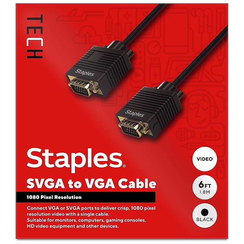 Staples TECH 6 ft. SVGA to VGA Audio/Video Cable, Male to Male, Black (ST62470) image 1
