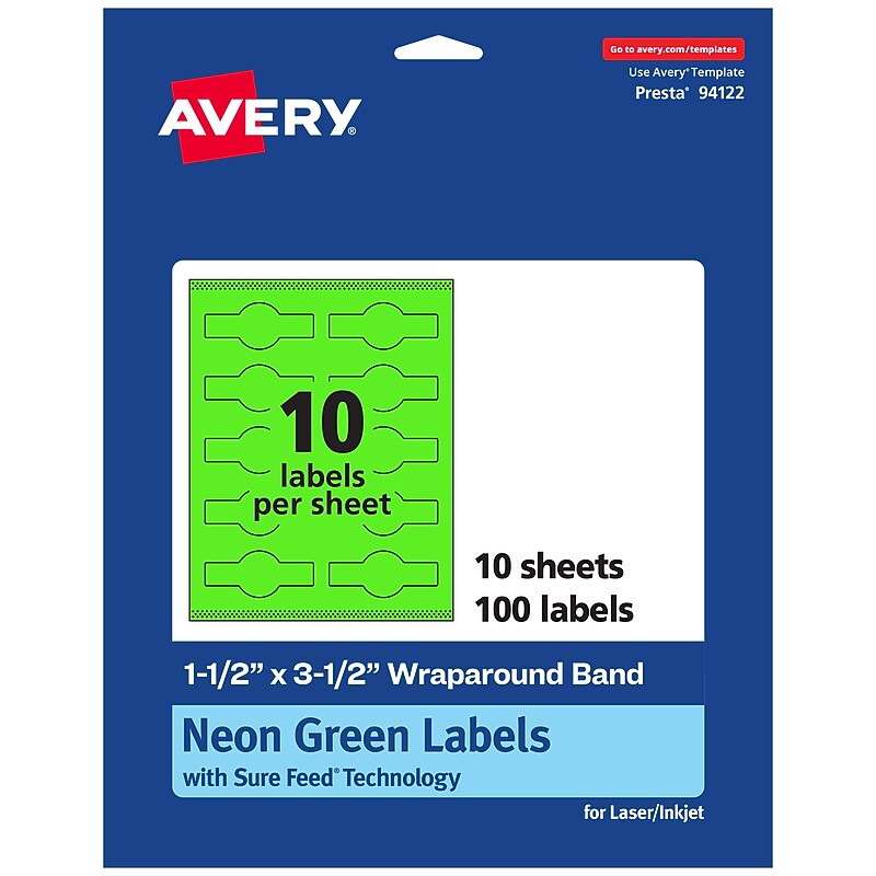 Avery Laser/Inkjet Multipurpose Decorative Edge Labels, 1.5" x 3.5", Neon Green, 100/Pack (94122) image 1