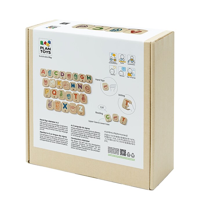 PlanToys Wooden Hand Sign Alphabet A-Z Tiles, Assorted Colors, 26