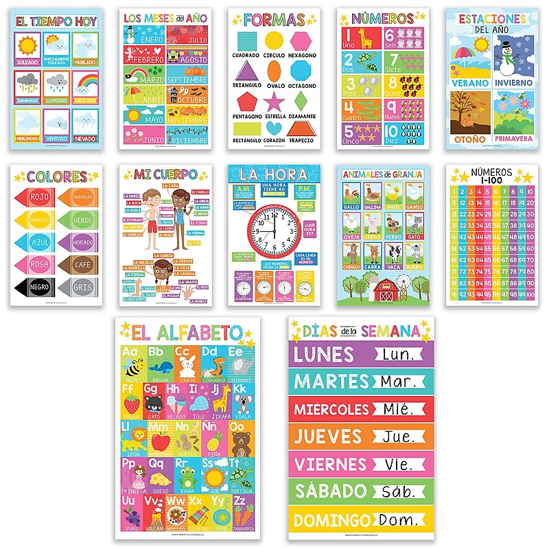 Hadley Designs 17" x 11"  Colorful Spanish Preschool Educational Posters, Laminated, 12/Set (HDDX004AH66RV) image 1