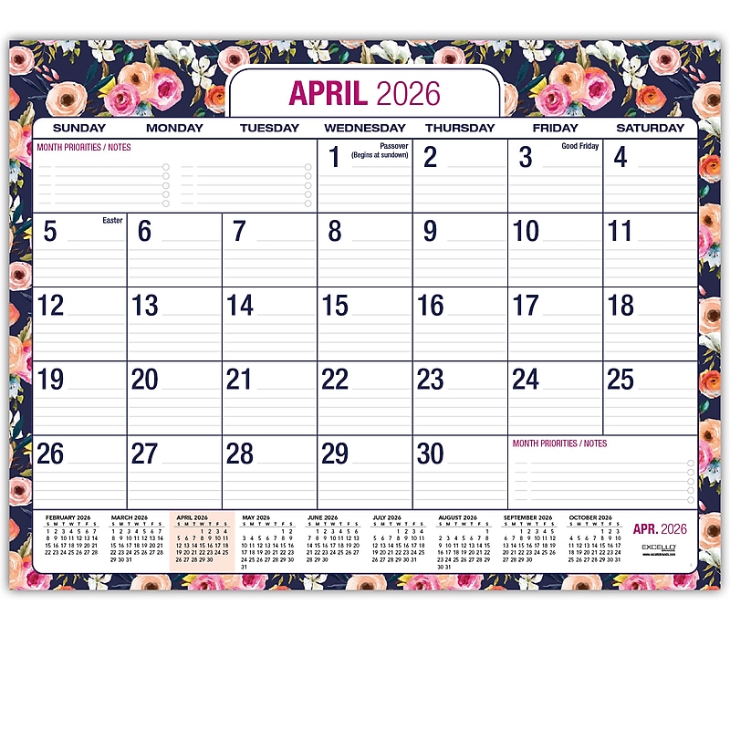 2026-2027 Excello Brands Large Print  22" x 17" Academic Monthly Desk Pad Calendar, Navy Floral (DP-AY26-2217-84) image 1