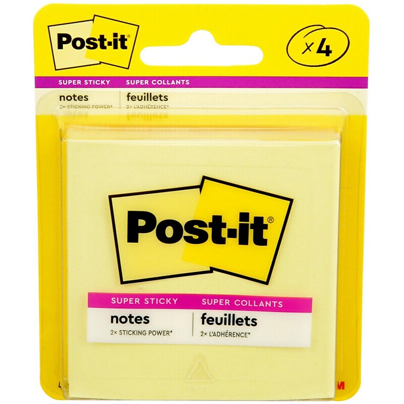 Post-it Super Sticky Notes, 3" x 3", Canary Yellow, 4 Pads/Pack, 45 Sheets/Pad (3321-4SSCY) image 1