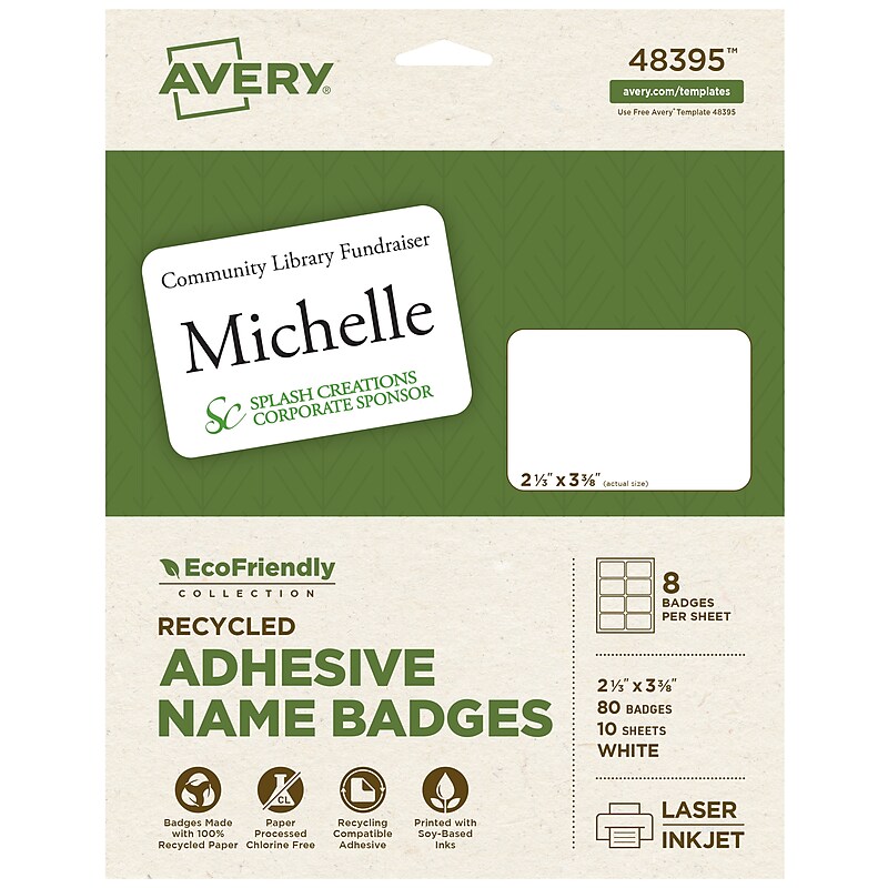 Avery EcoFriendly Stick On Sticker Name Tags/Labels, White, 10 Sheets/Pack, 80 Labels/Pack (48395) image 1