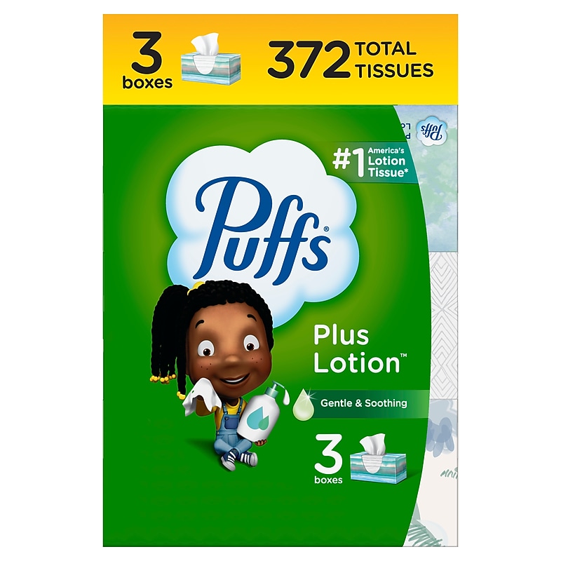Puffs Plus Lotion Facial Tissue, 2-ply, 124 Tissues/Box, 3 Boxes/Pack (39363) image 1