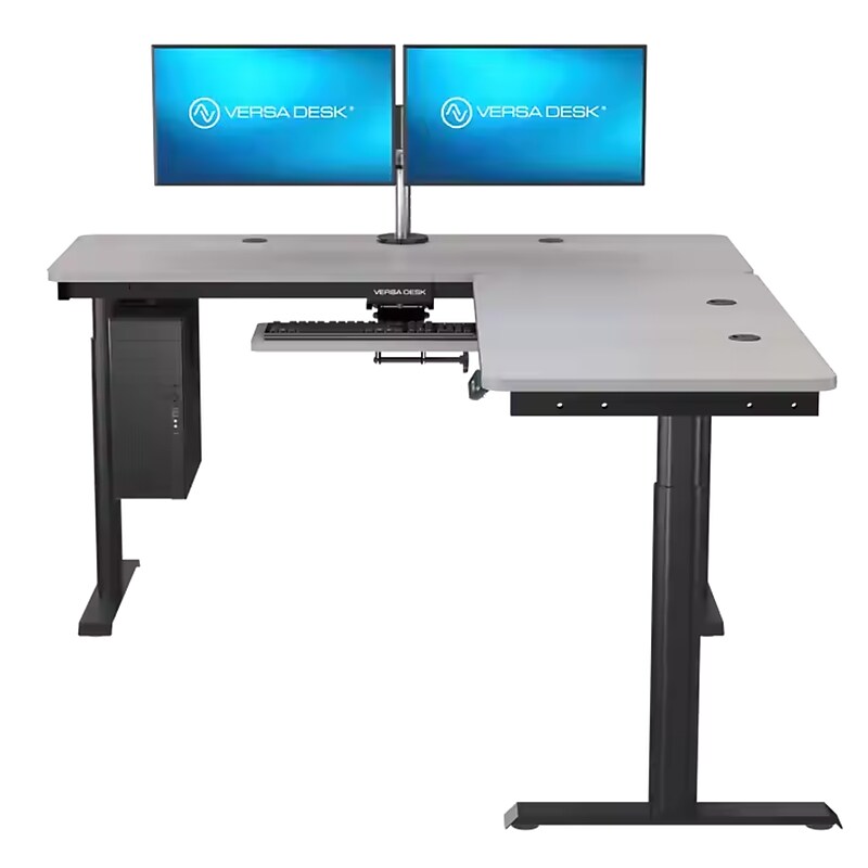 VersaDesk PowerLift 72"W Electric L-Shaped Adjustable Standing Desk, Gray/Black (PLLSD6072-BG-APP) image 1