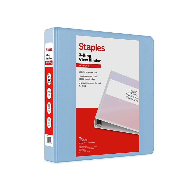Staples Heavy Duty 1 1/2" 3-Ring View Binder, D-Ring, Light Blue (ST63091) image 1