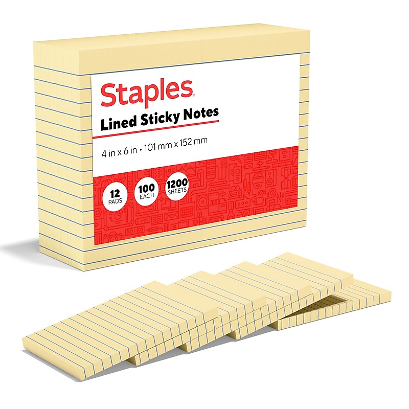 Staples Recycled Sticky Notes, 4" x 6", Sunshine Collection, Lined, 100 Sheets/Pad, 12 Pads/Pack (S-46YR12) image 1