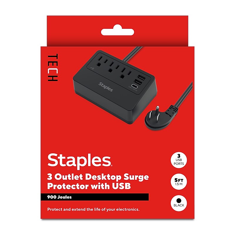 Staples TECH 3-Outlet 3-USB Port Surge Protector, 5', 900 Joules, Black (ST62770) image 1