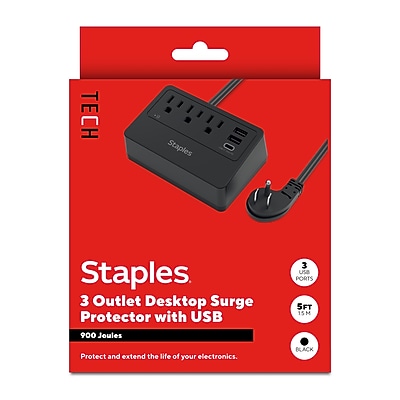 Staples TECH 3-Outlet 3-USB Port Surge Protector, 5′, 900 Joules, Black (ST62770) Simolary simolary.com