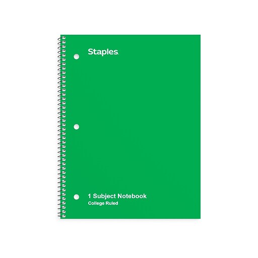 Staples 1Subject Notebook, 8" x 10.5", College Ruled, 70 Sheets, Green