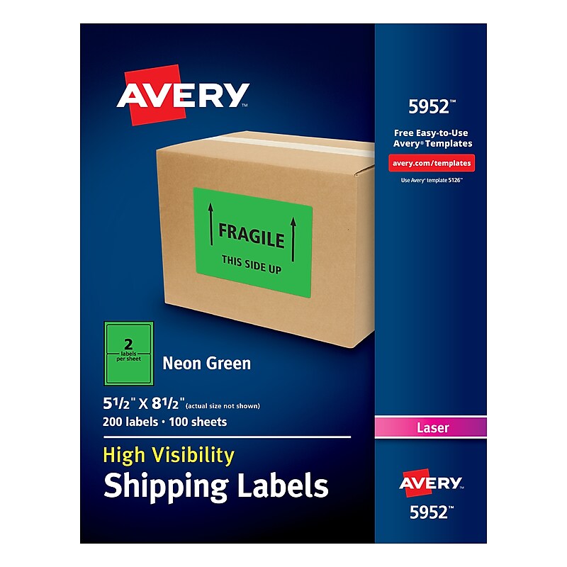 Avery Laser Shipping Labels, 5-1/2" x 8-1/2", Neon Green, 200 Labels/Box (5952) image 1