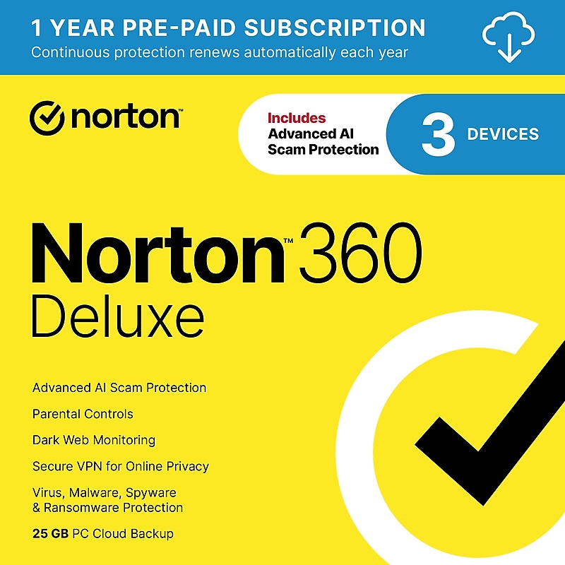 Norton 360 Deluxe Antivirus Software for 3 Devices, Windows/Mac/Android/iOS, Download (21390663) image 1