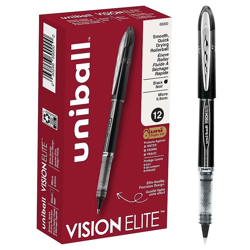 uni-ball Vision Elite Rollerball Pens, Micro Point, 0.5mm, Black Ink, Dozen (69000) image 1