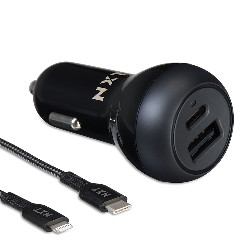 NXT Technologies™ USB-C/USB-A Car Charger with Lightning Cable for iPhone/iPad, Black (NX60453) image 1