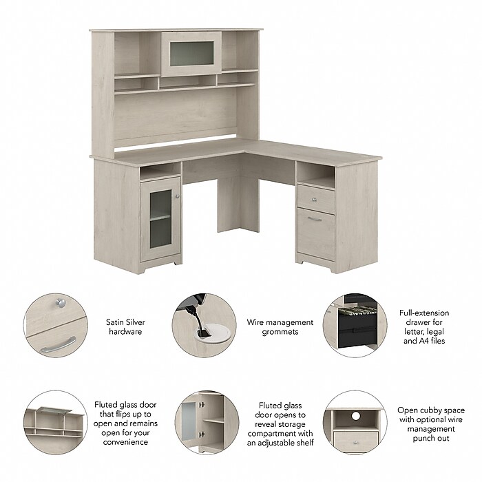 Bush Furniture Cabot 60 W L Shaped Computer Desk with Hutch and Storage Linen White Oak CAB001LW
