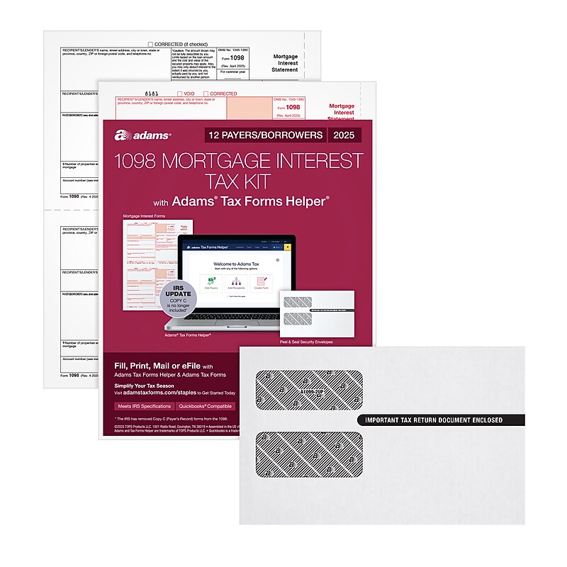 Adams 2025 1098 Mortgage Interest Tax Forms Kit, 2-Part, 2-Up, A and B, 12/Pack (STAX1098-25) image 1