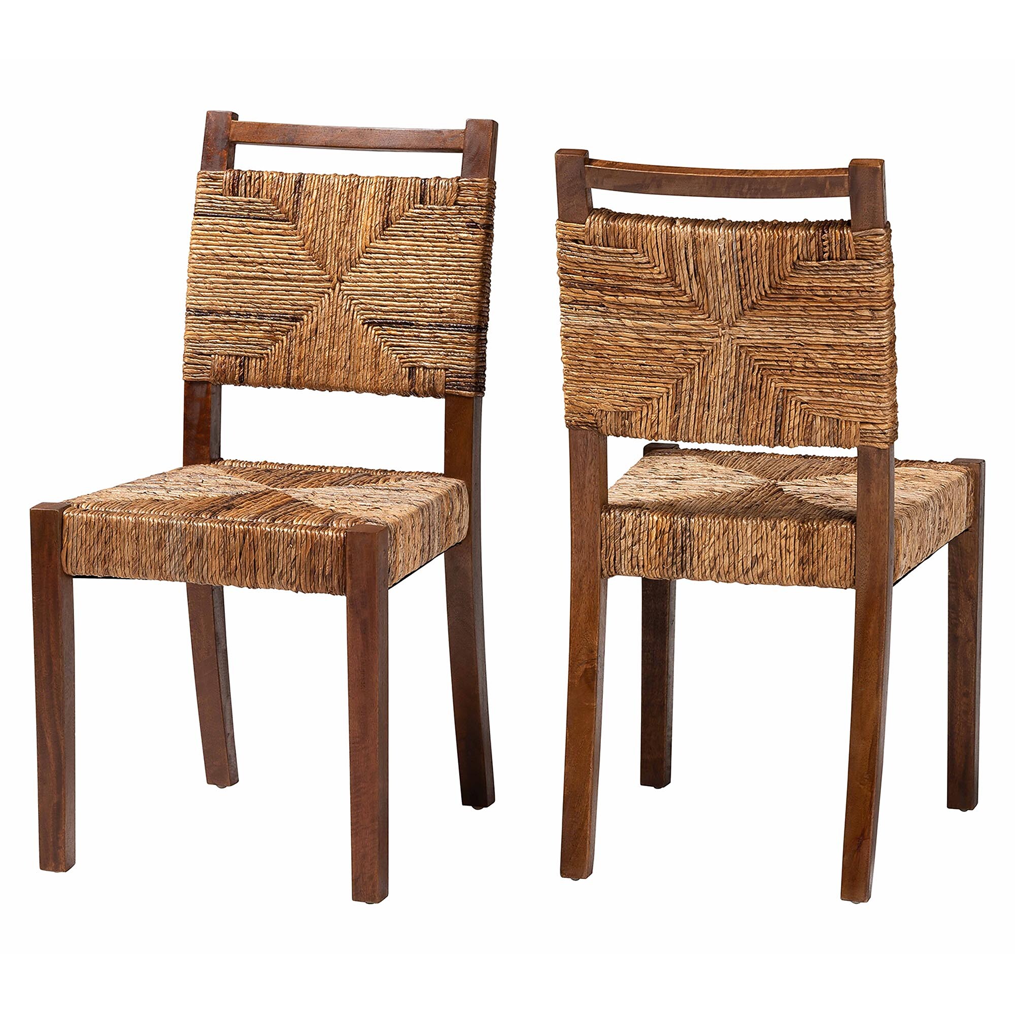 Bohemian natural seagrass dining chair set of 2 with teak legs and woven back.