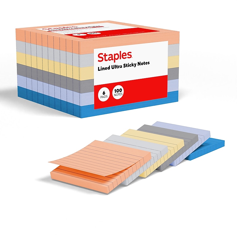 Staples Ultra Sticky Notes, 4" x 4", Stardust Collection, Lined, 100 Sheets/Pad, 6 Pads/Pack (ST62891) image 1