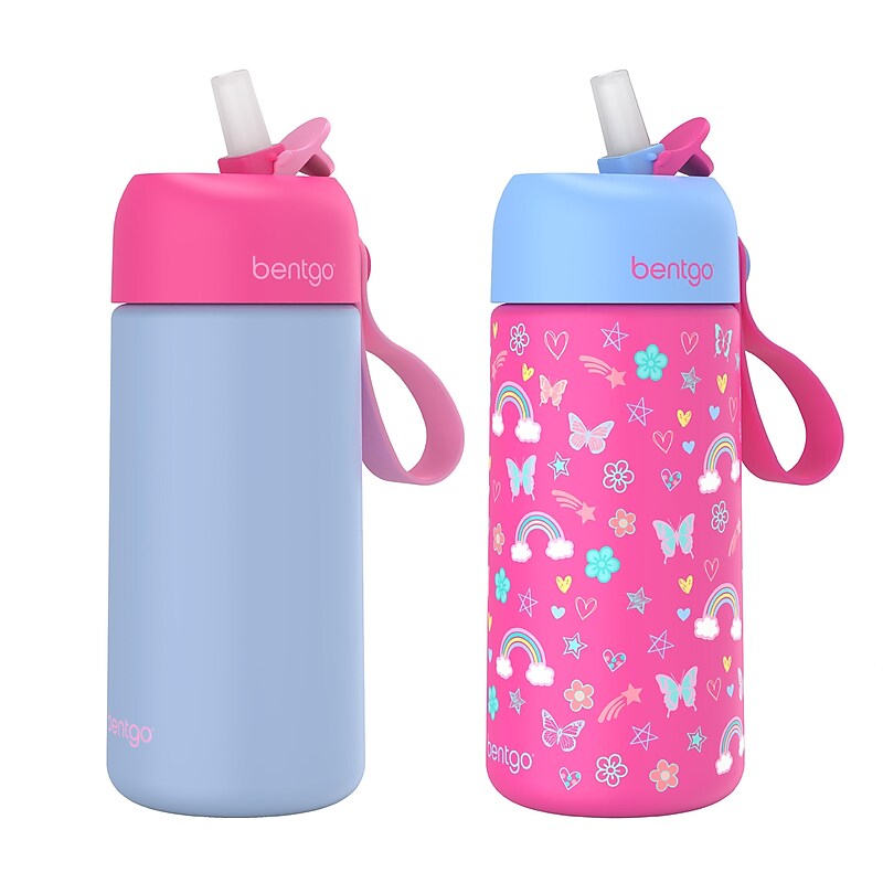 bentgo Stainless Steel Double Wall Insulated Water Bottle, 14 oz., Rainbows & Butterflies/Periwinkle Dream, 2/Pack image 1