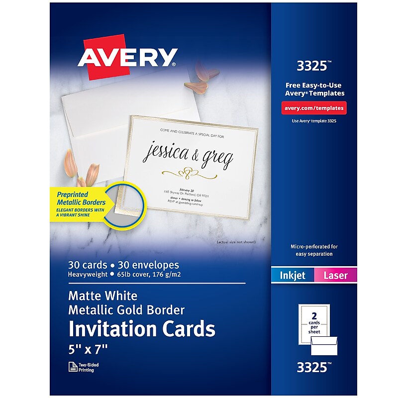 Avery Laser/Inkjet Invitation Cards, 5" x 7", White/Gold, 30 Cards & Envelopes/Pack (3325) image 1