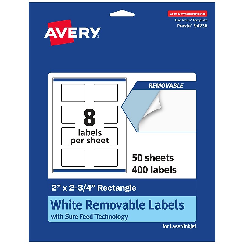 Avery Laser/Inkjet Rectangle Multipurpose Labels, 2" x 2.75", White, 400 Labels/Box (94236) image 1