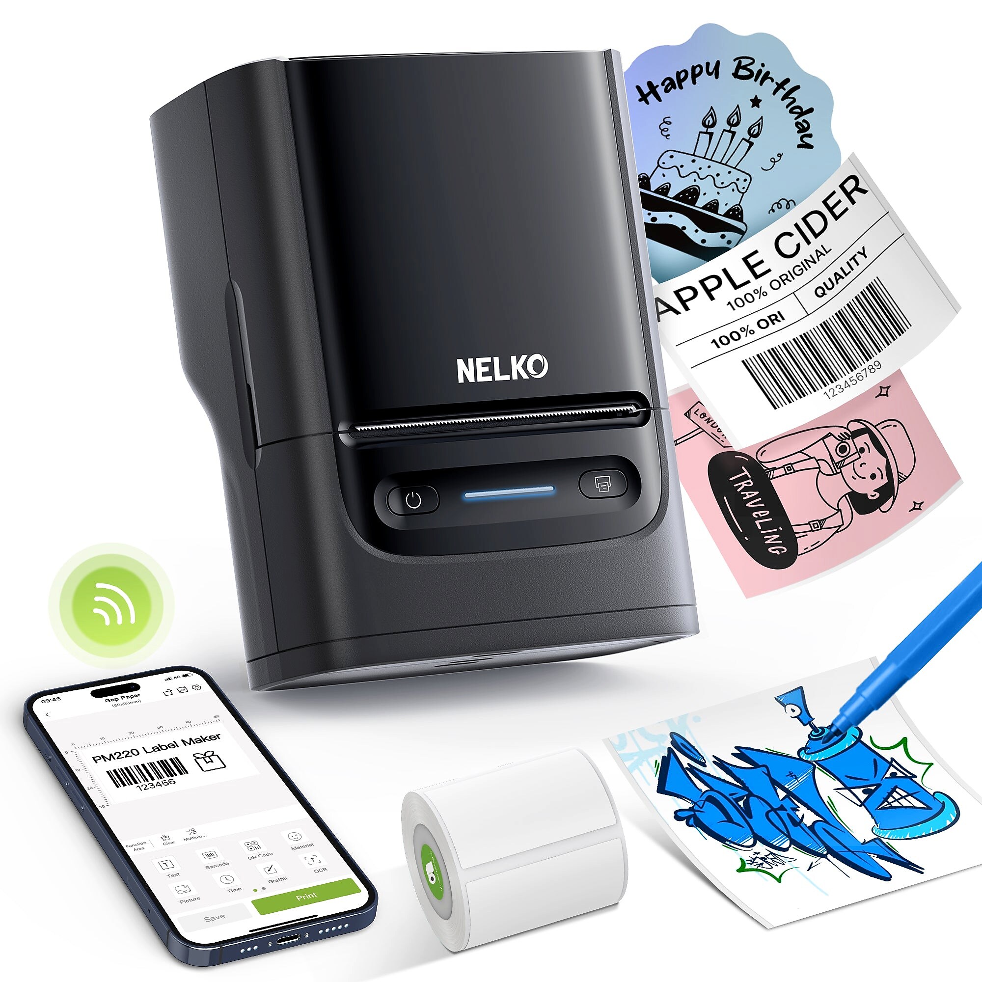 Nelko PM220 Portable Bluetooth Thermal Label Printer, Black (P220BK-4030W-1R) Sansujyuku sansujyuku.com
