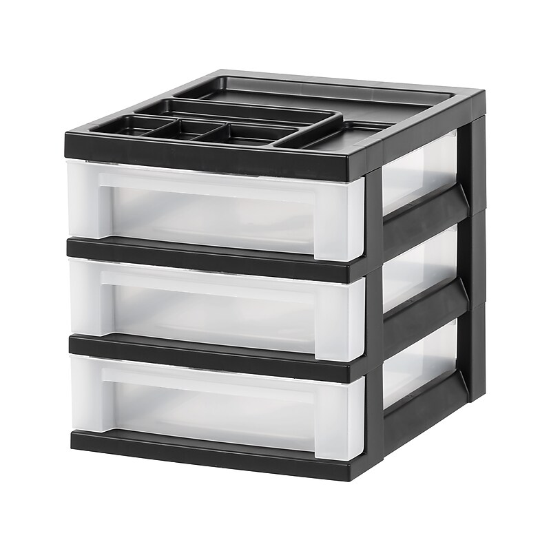 Iris 3-Compartment Stackable Desktop Storage Drawer, Black/Translucent White (116351) image 1