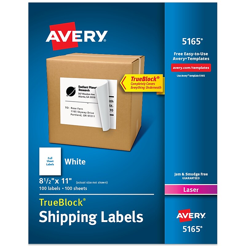 Avery TrueBlock Laser Shipping Labels, 8.5" x 11", Matte White, 100 Labels/Box (5165) image 1