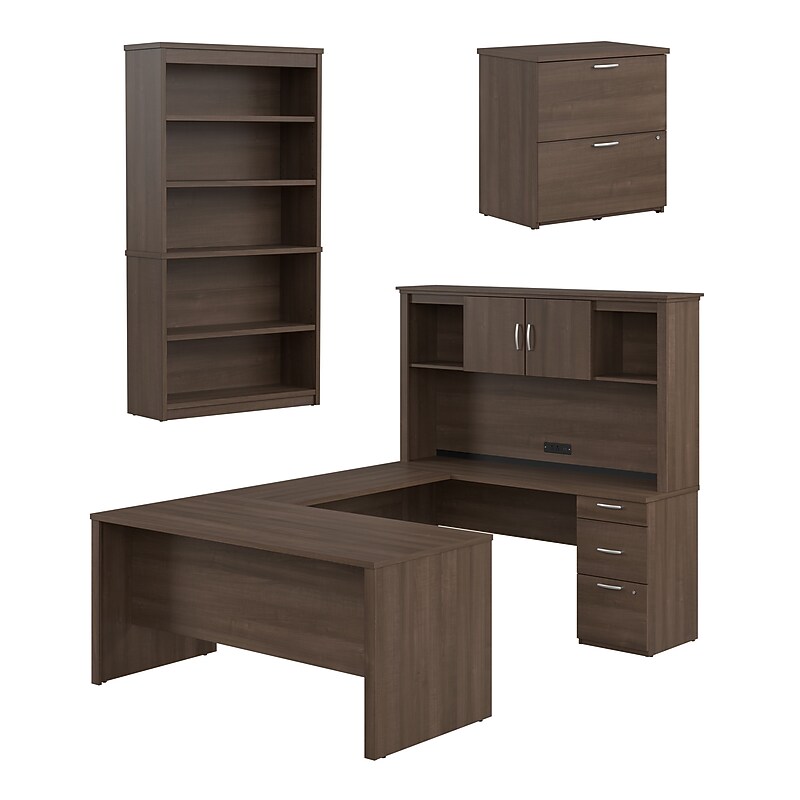 Bestar Logan 66"W U or L Shaped Desk with Hutch, File Cabinet, and Bookcase, Antigua (46851-52) image 1