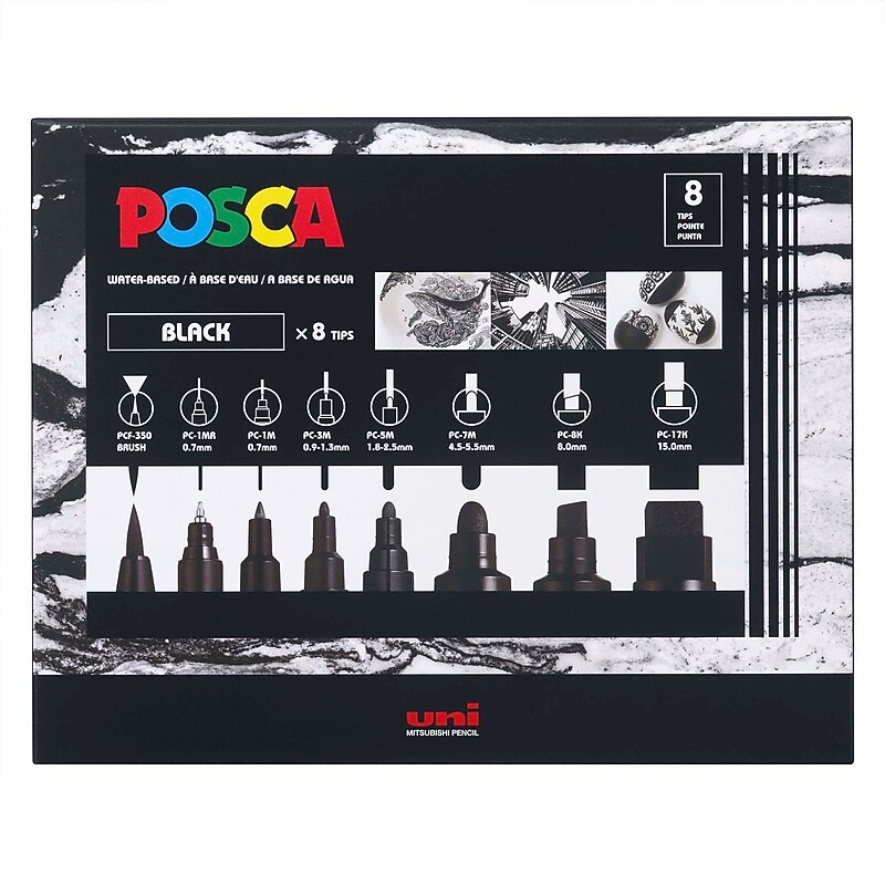 POSCA PC-Mix Water Based Paint Marker, Fine to Broad Tips, Black, 8/Set (UBCPCMIXBLACK8P) image 1