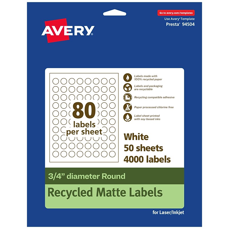 Avery EcoFriendly Laser/Inkjet Circle Multipurpose Labels, 3/4" Dia., White, 4000/Box (94504) image 1