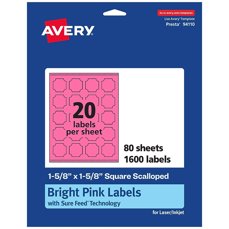 Avery Square Scalloped Laser/Inkjet Multipurpose Labels, 1-5/8" x 1-5/8", Bright Pink (1600/Box) image 1