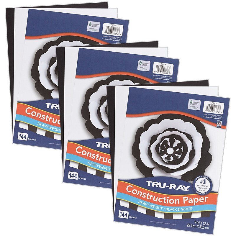 Tru-Ray 9" x 12" Construction Paper, Black/White, 144 Sheets/Pack, 3 Packs/Bundle (PAC6676-3) image 1