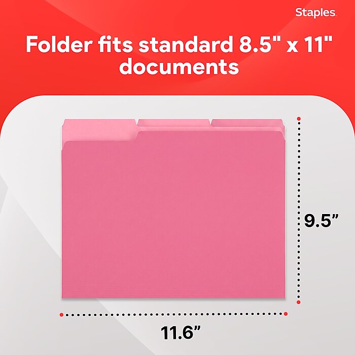 Staples Reinforced File Folders, 1/3-Cut Tab, Letter Size, Pink