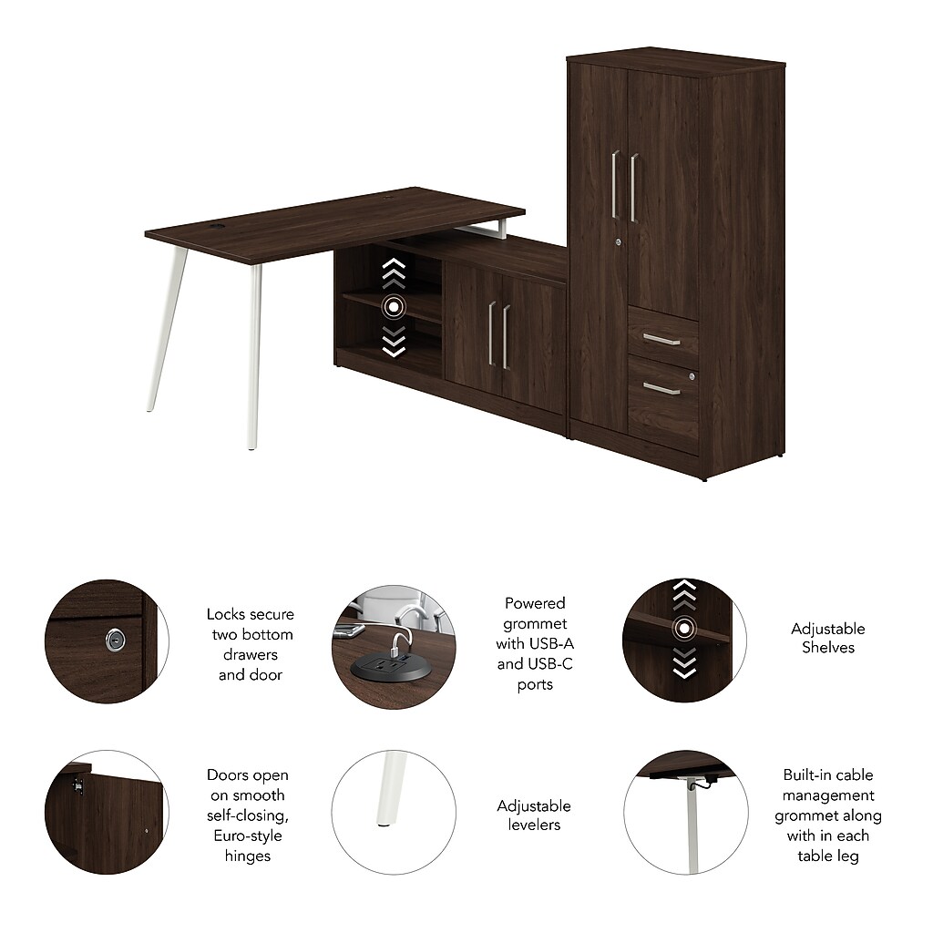 Product collage of desk components with features and diagrams